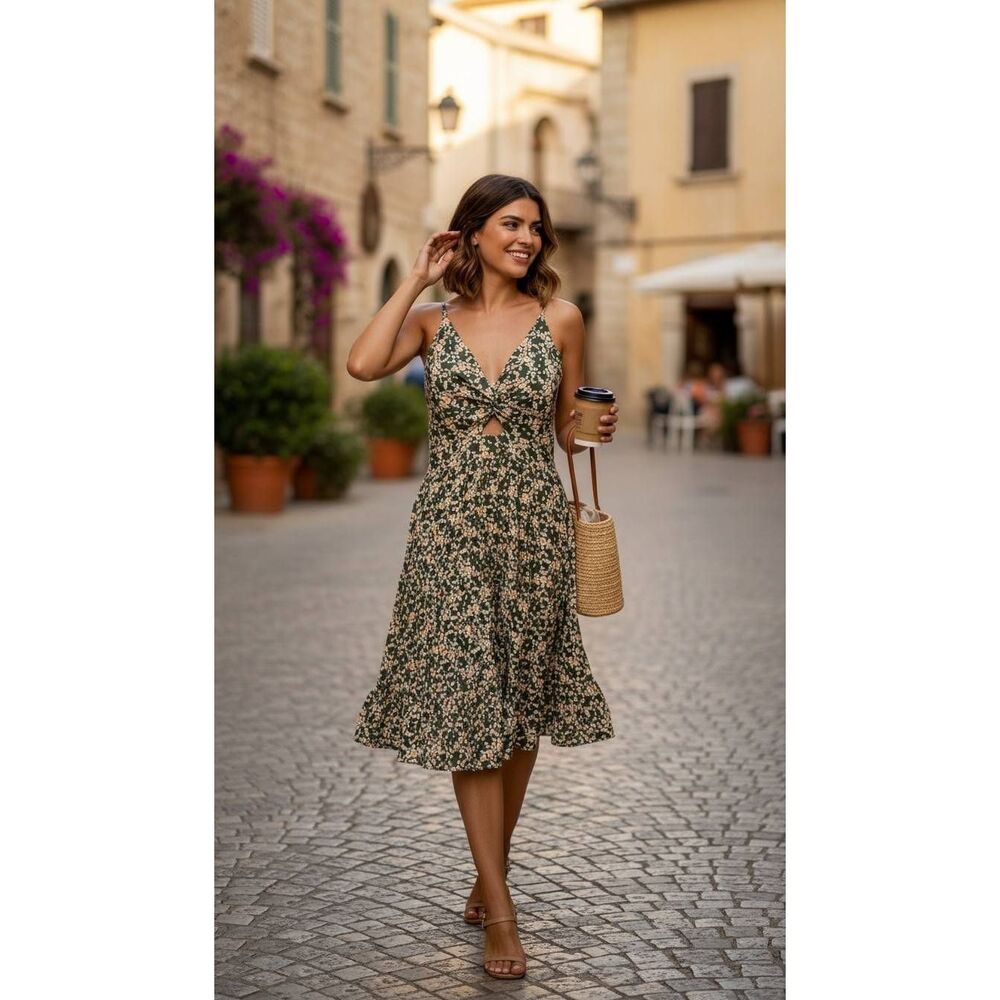 Angie Olive Green Floral Midi Dress with Cream Flowers